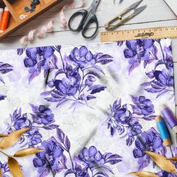 Ткань флис фиолетовые цветы, нарисованные акварелью