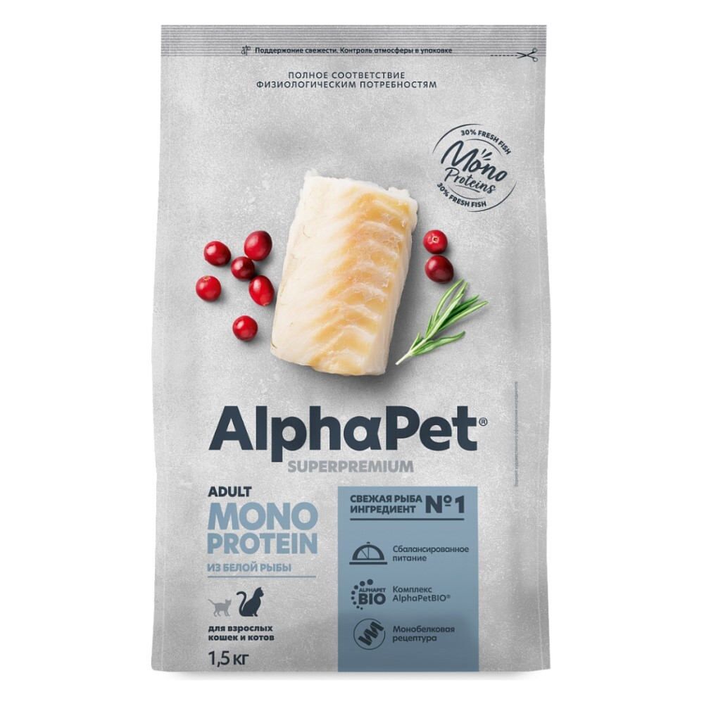 AlphaPet Monoprotein Superpremium корм для кошек из белой рыбы (Adult)