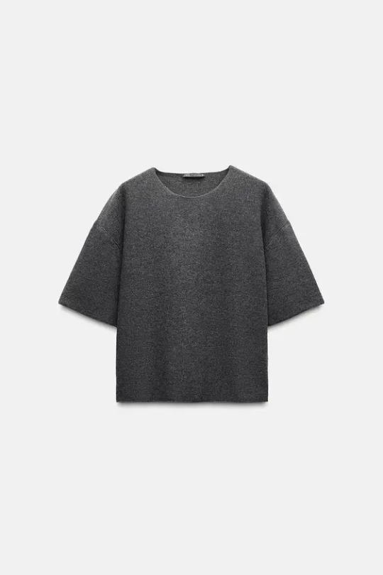 ZARA ФУТБОЛКА ИЗ МЯГКОЙ ТКАНИ В РУБЧИК, СЕРЫЙ