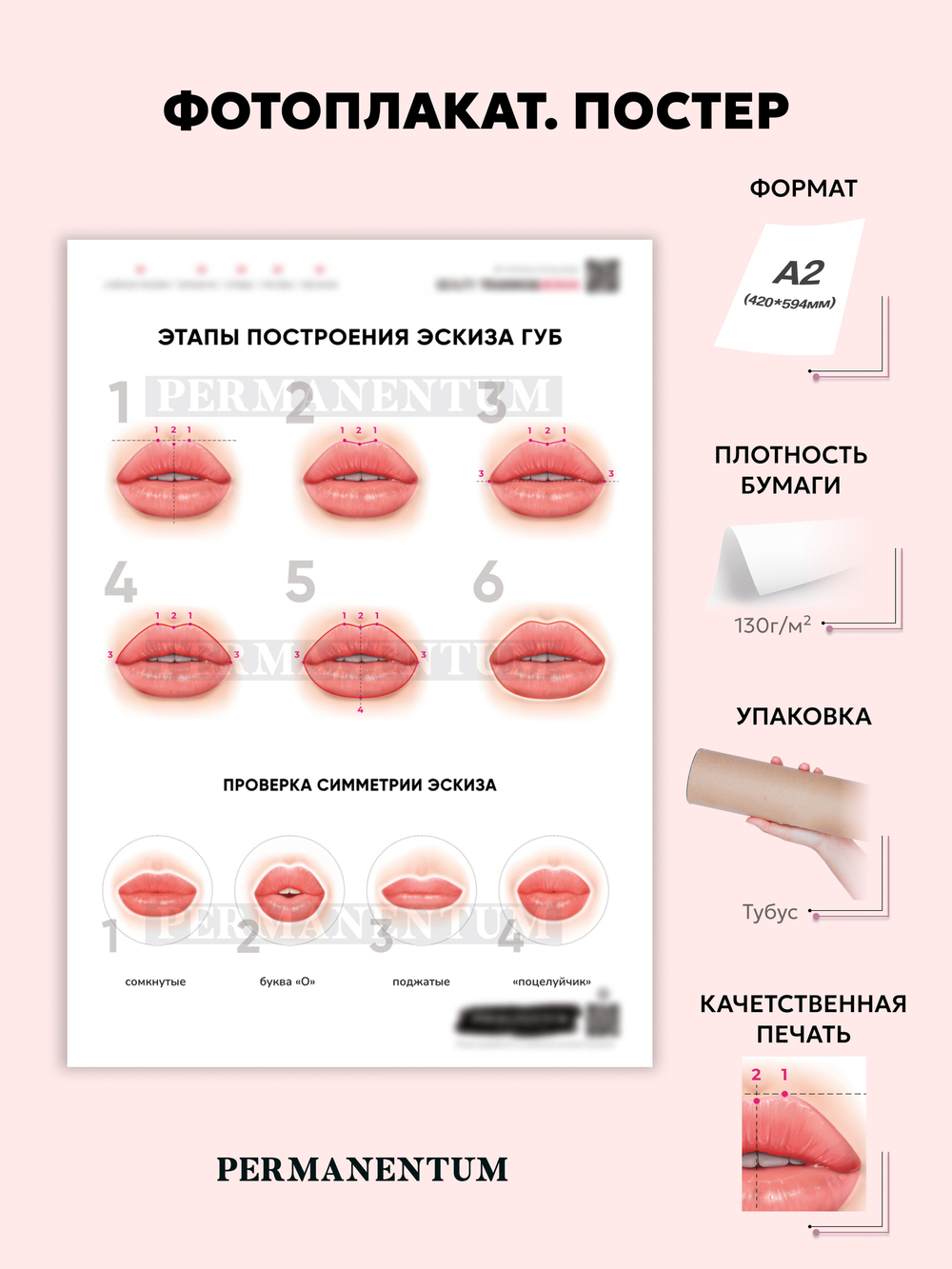 Постер плакат "ПОСТРОЕНИЕ ЭСКИЗА ГУБ" перманентный макияж обучение