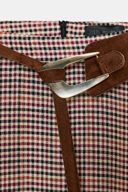 ZARA ЮБКА В КЛЕТКУ С РЕМНЕМ, КОРИЧНЕВЫЙ/ЭКРЮ