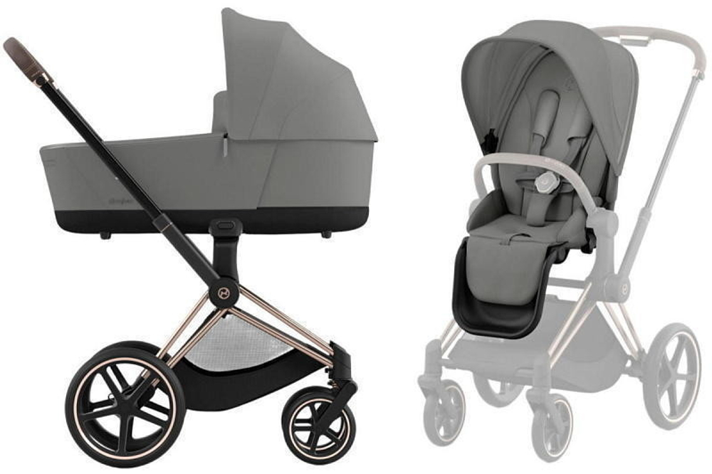 Коляска Cybex Priam IV Rosegold complete Aton S2 Ocean Blue Base One 4 в 1 Mirage Grey