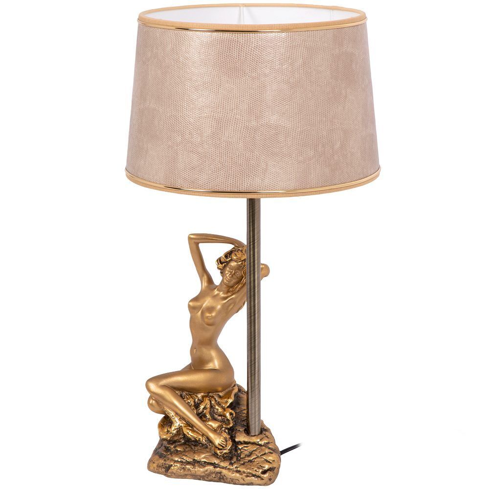 Настольная лампа Девушка на камне Бронза с абажуром Тюсо Игуана Беж