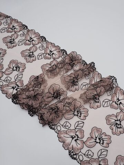 Вышивка на сетке темная пудра с черным неэластичная ширина 18 см