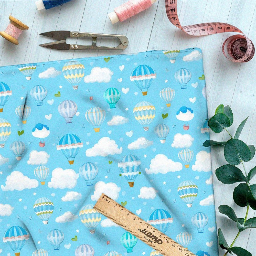 Ткань премиум флис воздушные шары на голубом