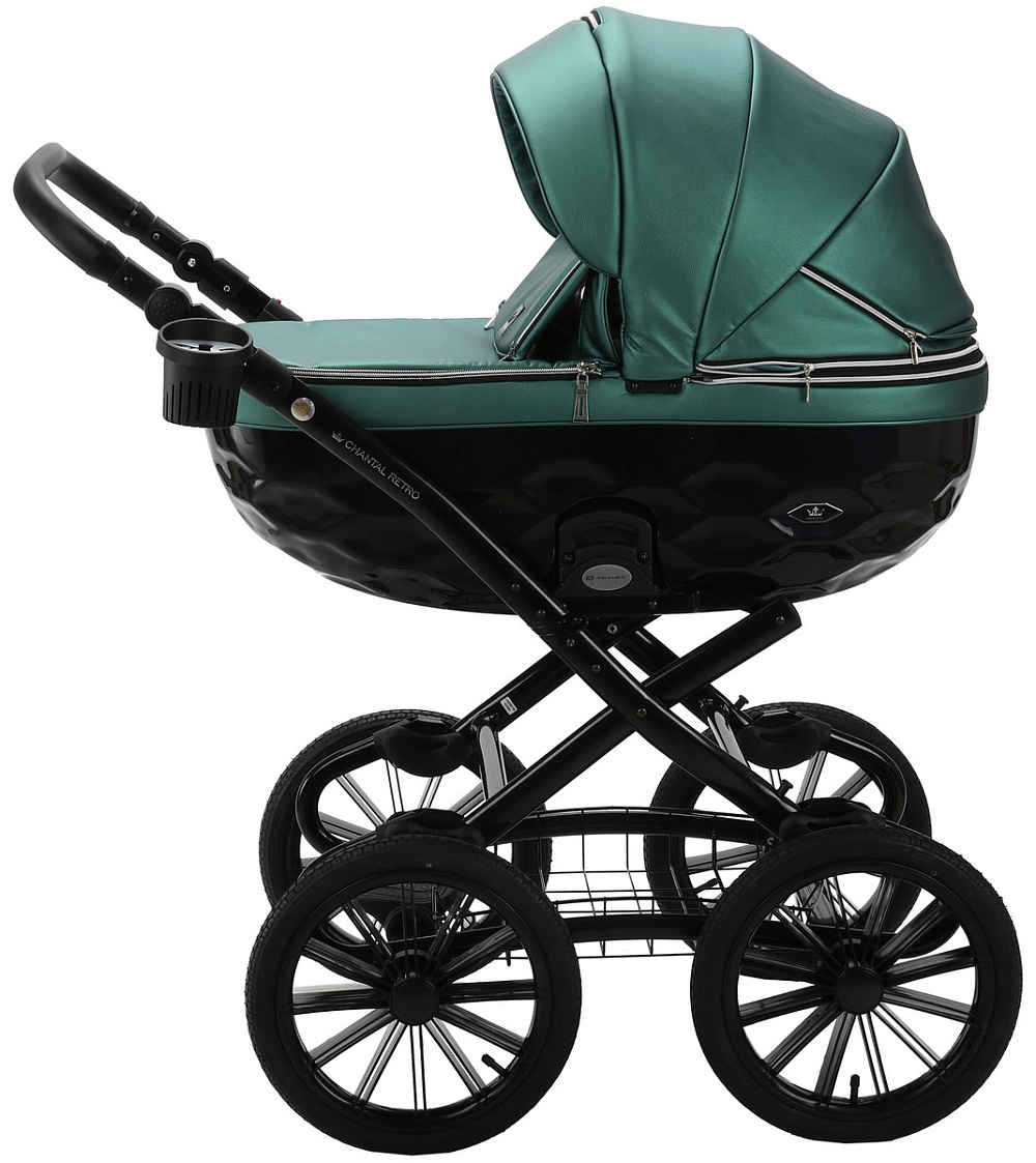 Детская коляска Adamex Chantal Retro Deluxe 3 в 1 C105A (ИЗУМРДНАЯ 100% КОЖА-ХРОМ МОЛНИИ)