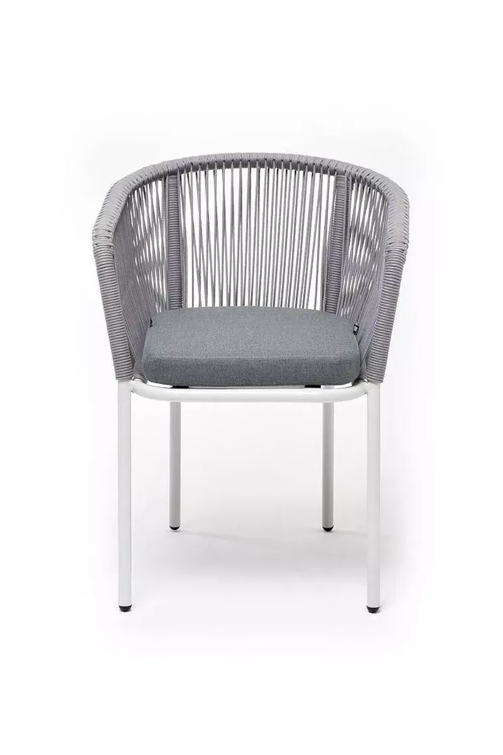 "Марсель" стул плетеный из роупа, каркас алюминий белый муар, роуп светло-серый круглый, ткань светло-серая