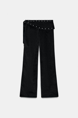 ZARA РАСКЛЕШЕННЫЕ БРЮКИ С ДЕКОРОМ ПАРЕО И ЗАКЛЕПКАМИ, ЧЕРНЫЙ