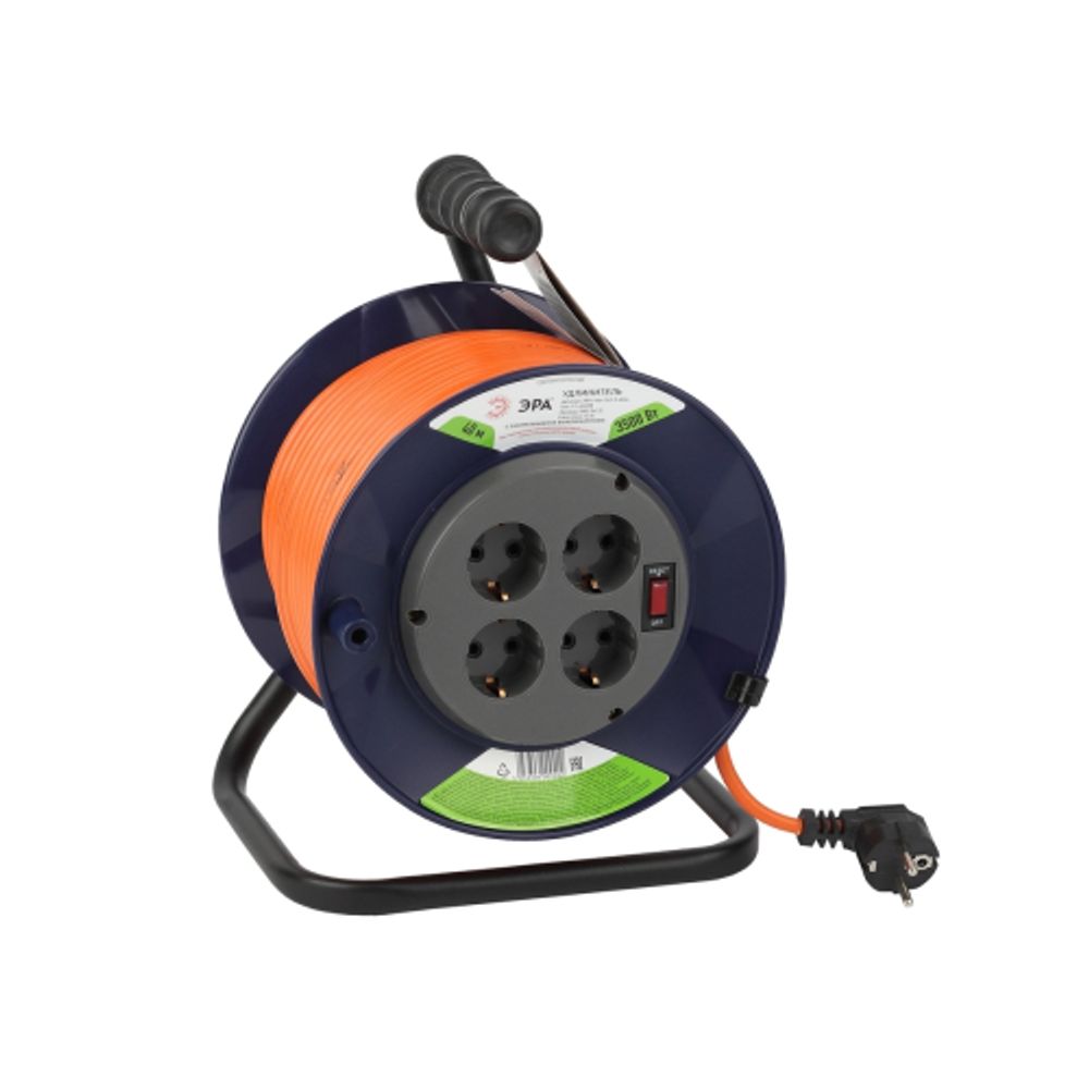 Удлинитель силовой ЭРА RPx-4es-3x1.5-40m на пластиковой катушке c заземлением 4 розетки 40м ПВС 3х1.5мм2 | Силовые удлинители