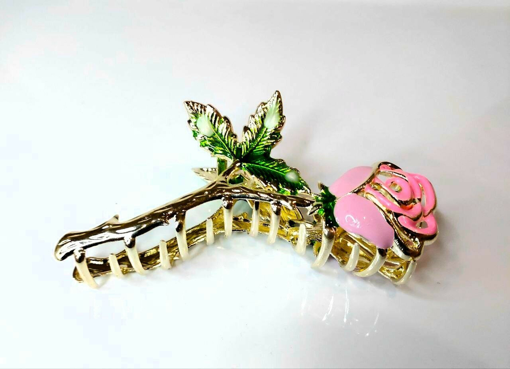 Заколка - краб для волос  цветок "Нежная роза". Цвет розовый. Металл.Усиленная.