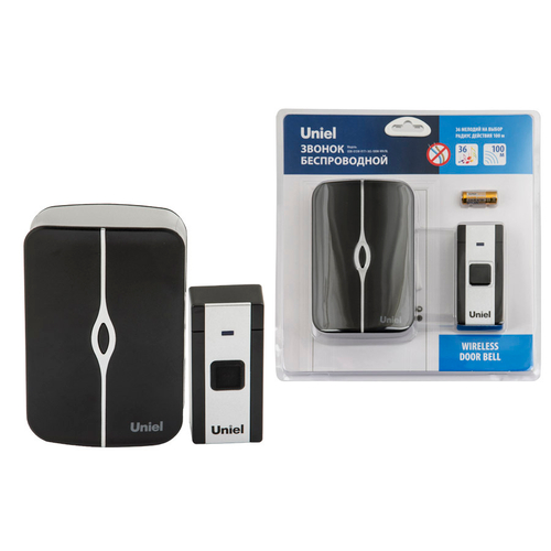 UDB-015W-R1T1-36S-100M-WH/BL Звонок беспроводной. 36 мелодий. Радиус действия 100м. Блистер. Белый с черным. ТМ Uniel