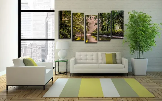 Модульная картина "Река в зеленом лесу"