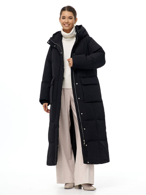 Пуховик длинный с капюшоном, черная, SilverFox