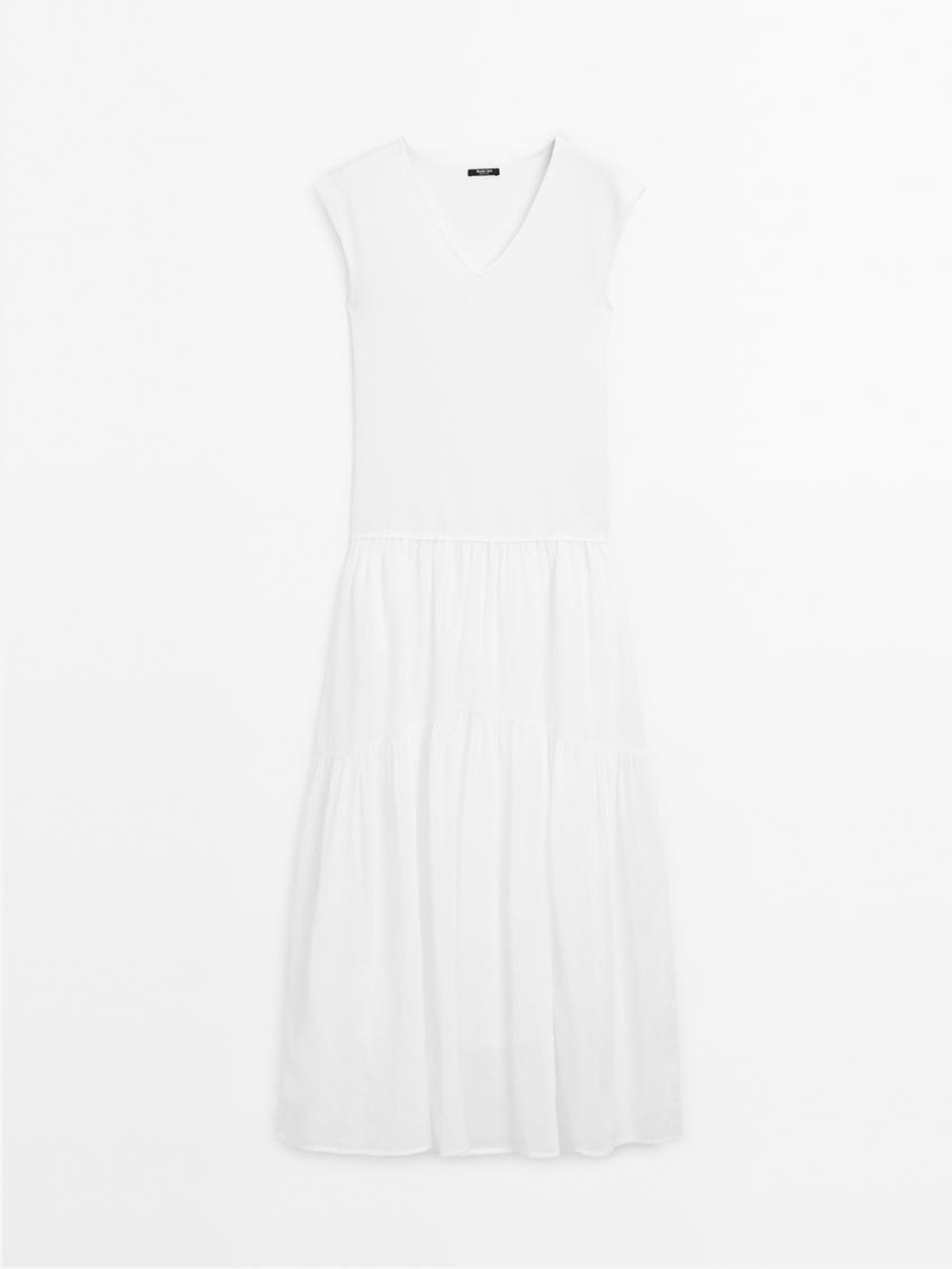 Massimo Dutti Длинное платье с контрастным V-образным вырезом, белый
