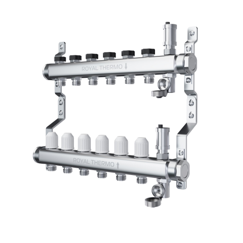Коллектор Royal Thermo нерж. в сборе универсальный 1" ВР-3/4" НР с автомат. воздухоотвод-ми 12 вых.