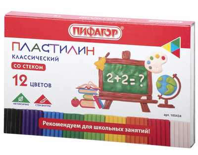 Пластилин классический 12цв. 180г. "Школьный" со стеком (ПИФАГОР)