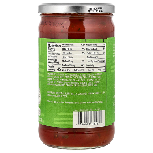 Primal Kitchen, соус для пасты, органические томаты и базилик, 680 г (24 унции)