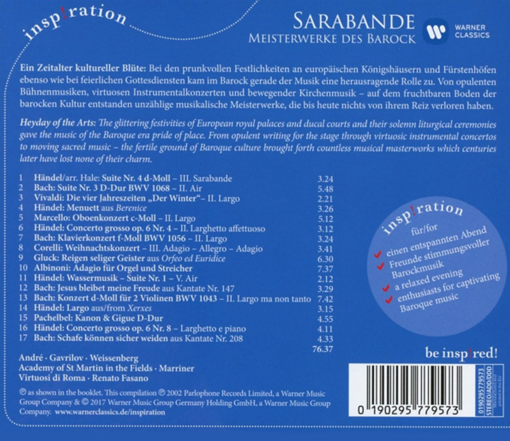 Andre, Gavrilov, Weissenberg, Marriner, Menuhin / Bach, Handel, Vivaldi: Sarabande Best Loved Baroque Music (CD)