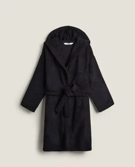 ZARA HOME ХАЛАТ ИЗ ХЛОПКА С КАПЮШОНОМ, ЧЕРНЫЙ