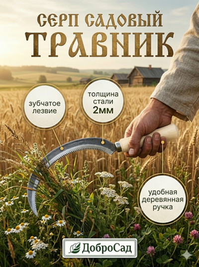 Серп «Травник» 14» деревянная ручка