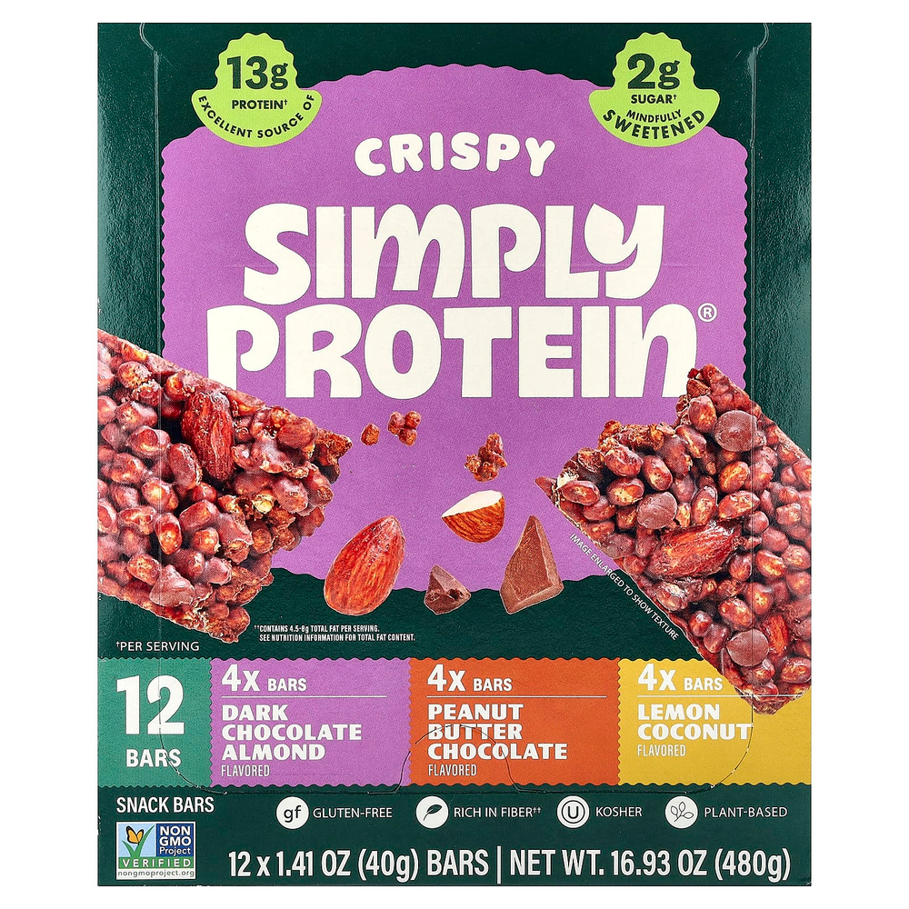 Simply Protein, хрустящие батончики-снеки, ассорти вкусов, 12 батончиков по 40 г (1,41 унции)