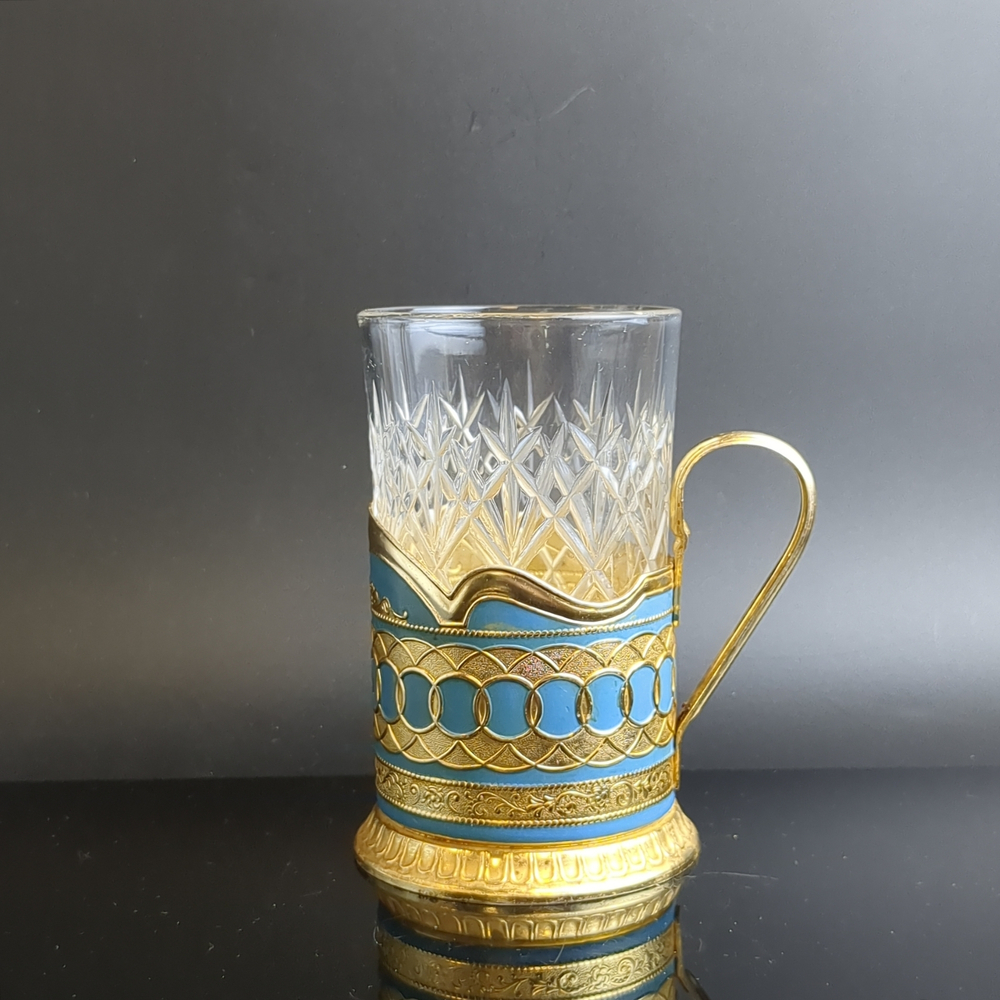Подстаканник "Кольца" с хрустальным стаканом, алюминий, холодная эмаль, Казаковский завод художественных изделий (КХИ), СССР, 1960-1970 гг.