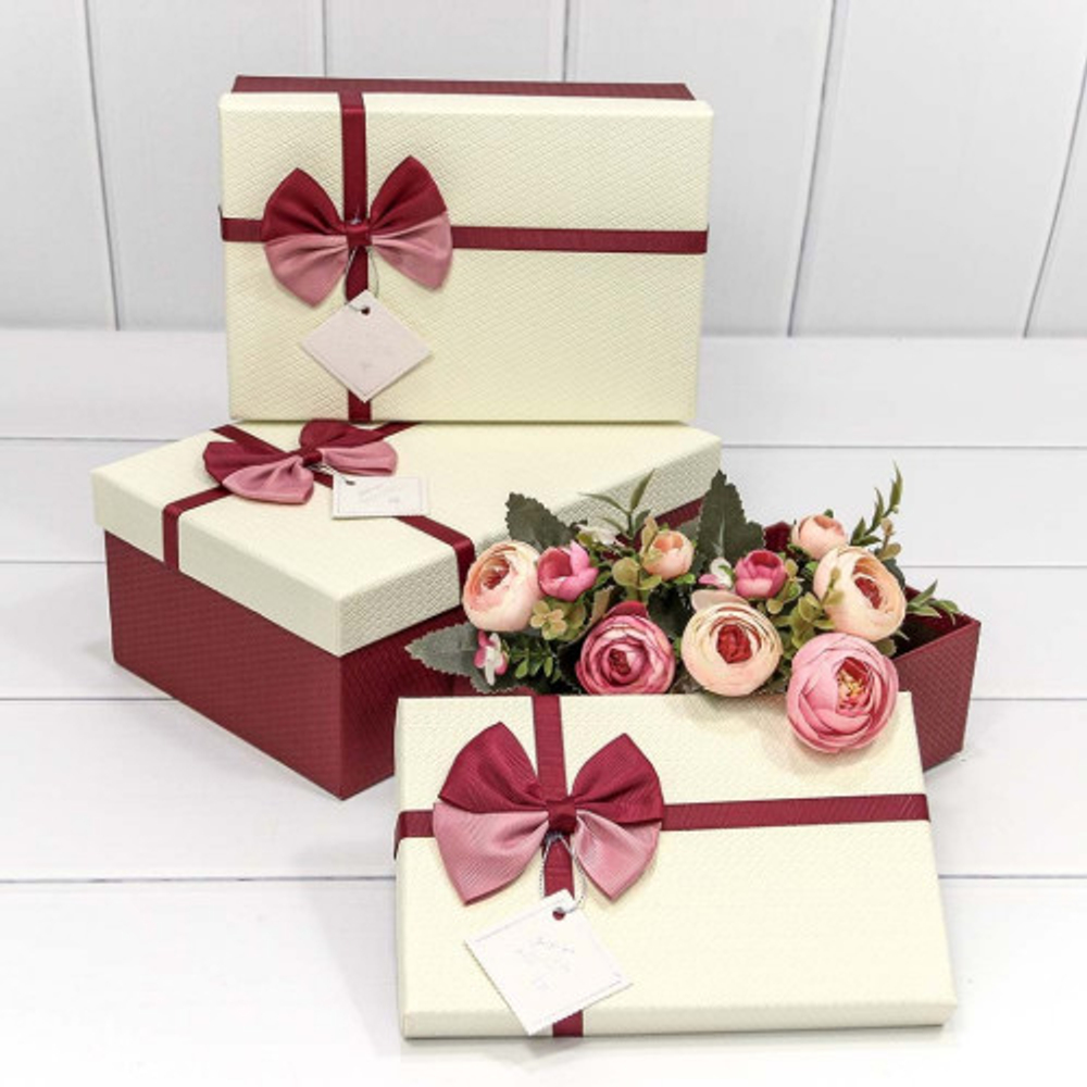 Коробка 23х16х9.5 см Набор 3 шт с двойным бантом (Красный, Белый)