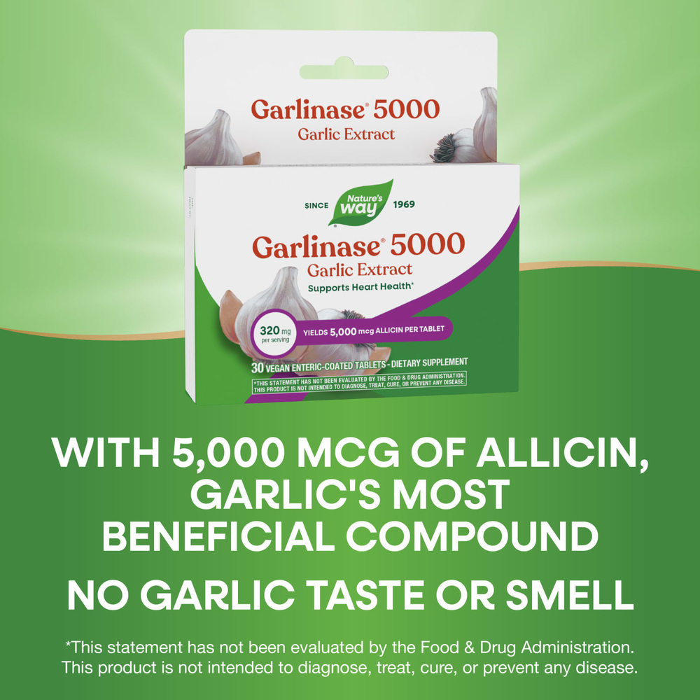 Nature's Way, Garlinase® 5000, экстракт чеснока, 320 мг, 30 веганских таблеток с кишечнорастворимой оболочкой