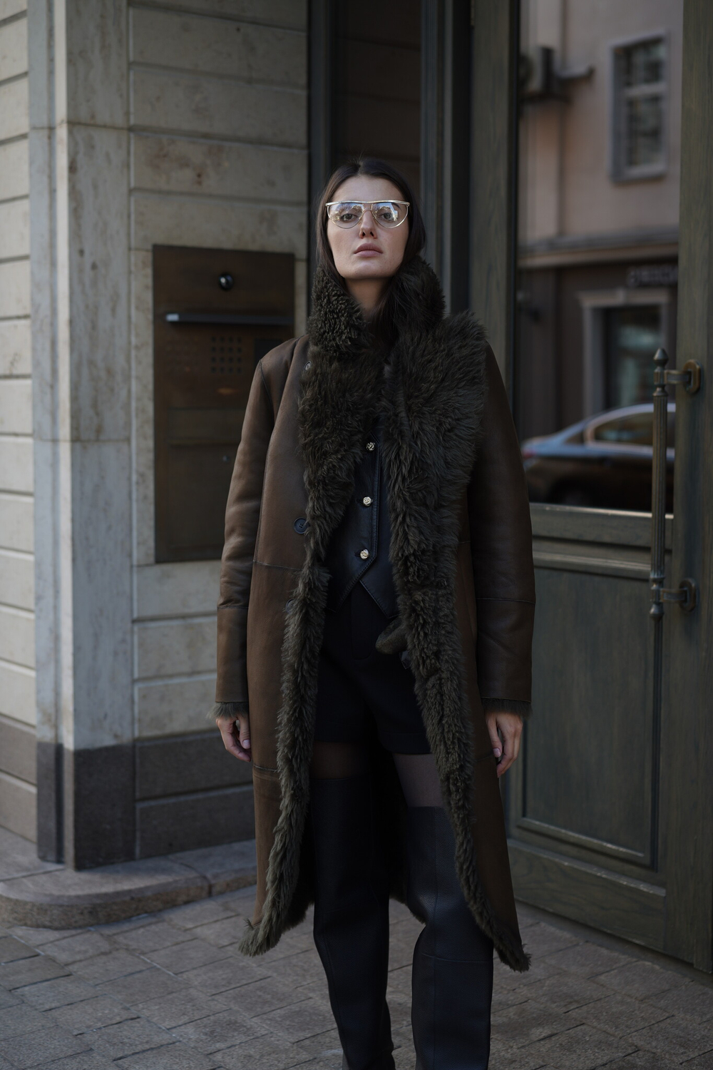 Дубленка двусторонняя Тиградо хаки удлиненная