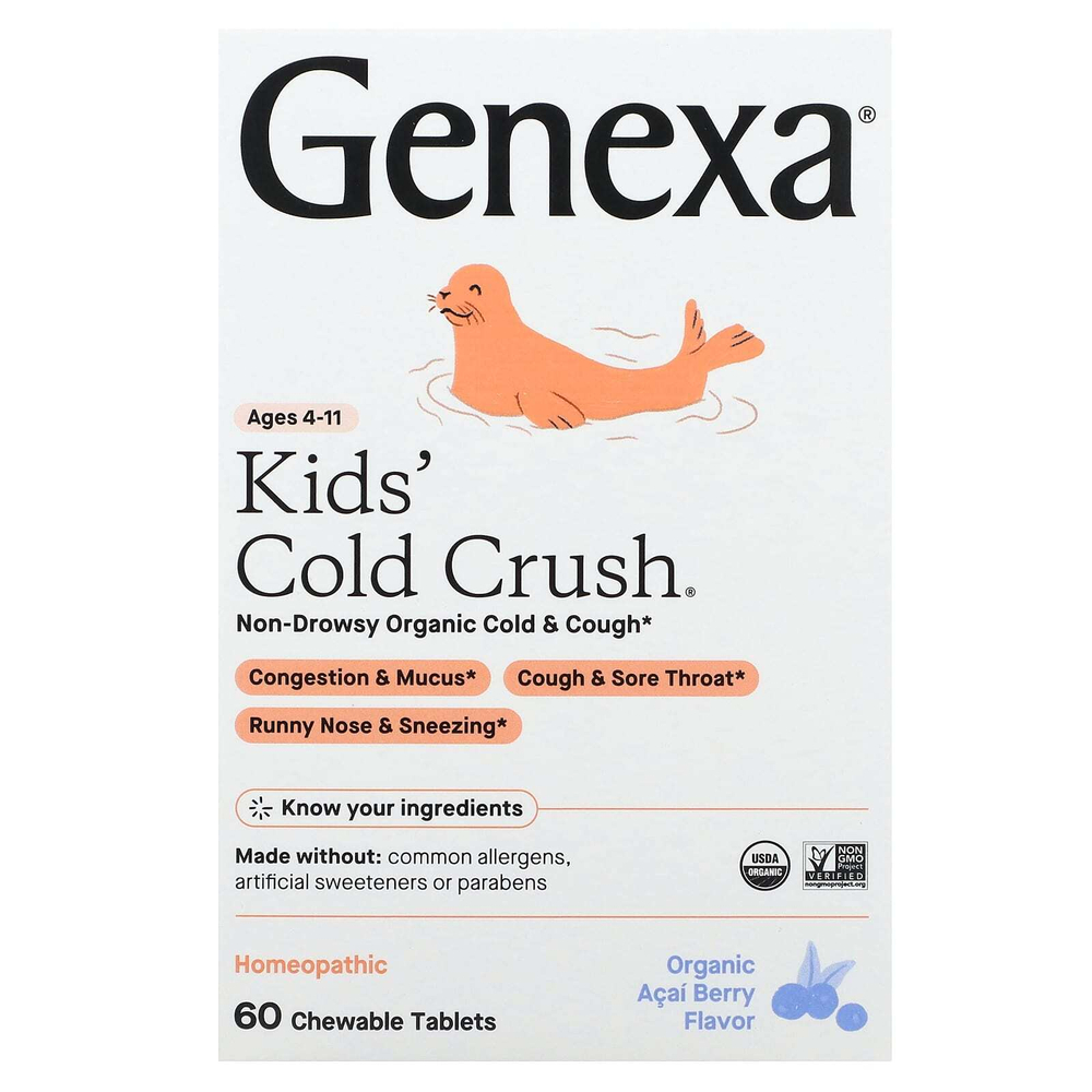 Genexa, Cold Crush, для детей от 4 до 11 лет, органические ягоды асаи, 60 жевательных таблеток