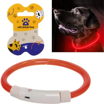 Ошейник неоновый для собак малых пород «Защита Бро», цвет красный, зарядка от USB, шнур в комплекте, размер S - d 35см (пакет с подвесом)