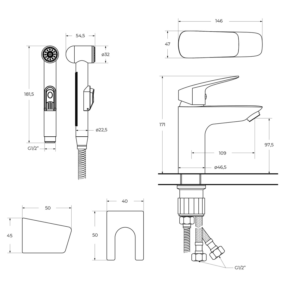 Смеситель для раковины BelBagno DUE-LVM/HGN-CRM-W0 с гигиеническим душем, без донного клапана