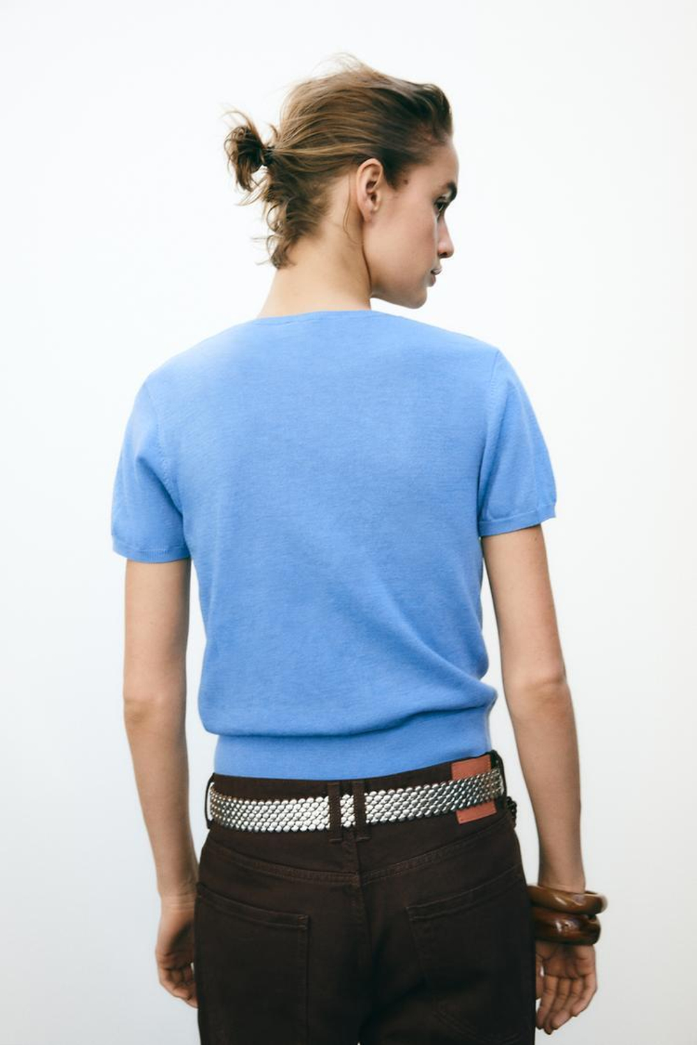 ZARA ОДНОТОННЫЙ ТОП С КОРОТКИМИ РУКАВАМИ, СИНИЙ