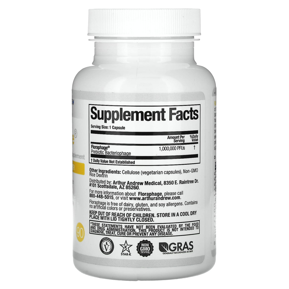 Arthur Andrew Medical, Floraphage, добавка для повышения эффективности пробиотика, 1 000 000 БОЕ, 90 капсул