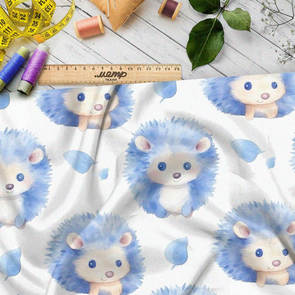 Ткань премиум интерлок голубые ежи