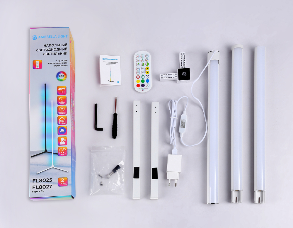 Светильник светодиодный напольный RGB с пультом FL8020 WH белый LED 15W RGB D32*1250 (ПДУ РАДИО 2.4G)