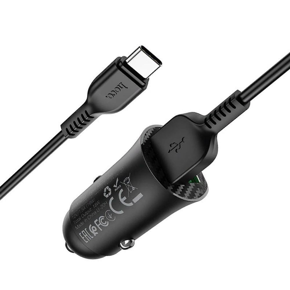 Разделитель автомобильный Hoco Z39 Farsighted dual port QC3.0 Car charger с кабелем Type-C (2USB: 3.6V-6.5V &amp; 3A 18W) Черный