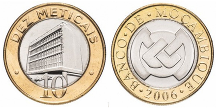 Мозамбик 10 метикалов, 2006 - 2021 Герб XF