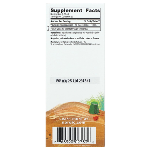 Nordic Naturals, Детский витамин D3, жидкий, 10 мкг (400 МЕ), 22,5 мл (0,76 жидк. унц.)
