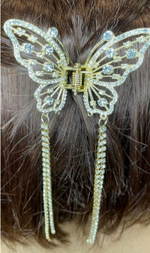 Блестящий краб заколка бабочка для волос. Универсальная.Металлическая. Модерн с  кисточками из страз. Цвет Золото