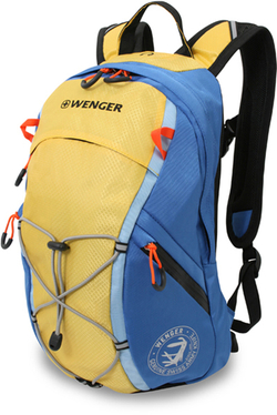 Качественный с гарантией прочный городской рюкзак на молнии жёлтый с синим объёмом 14 л из полиэстера с поясными ремнями, эргономичной ручкой, спинкой и ремнями с системой циркуляции воздуха WENGER 3053347402