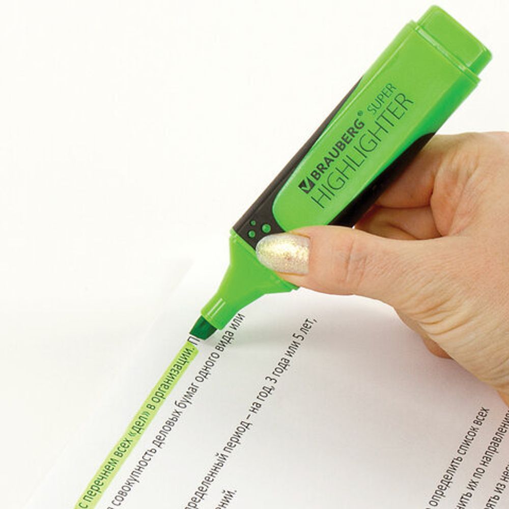 Текстовыделитель BRAUBERG "SUPER", ЗЕЛЕНЫЙ, прорезиненный корпус, линия 1-5 мм, 151739