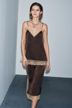 ZARA АТЛАСНЫЙ ТОП С КРУЖЕВОМ — ZW COLLECTION, КОРИЧНЕВЫЙ