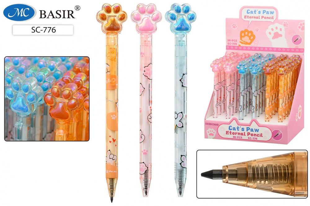 Карандаш вечный авто "Лапки" боковой отжим, тонир корпус, ассорти (Basir)