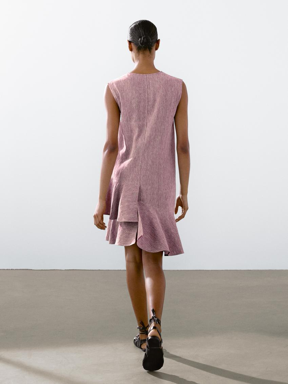 Massimo Dutti Мини-платье из 100% льна с воланами, пастельно-розовый