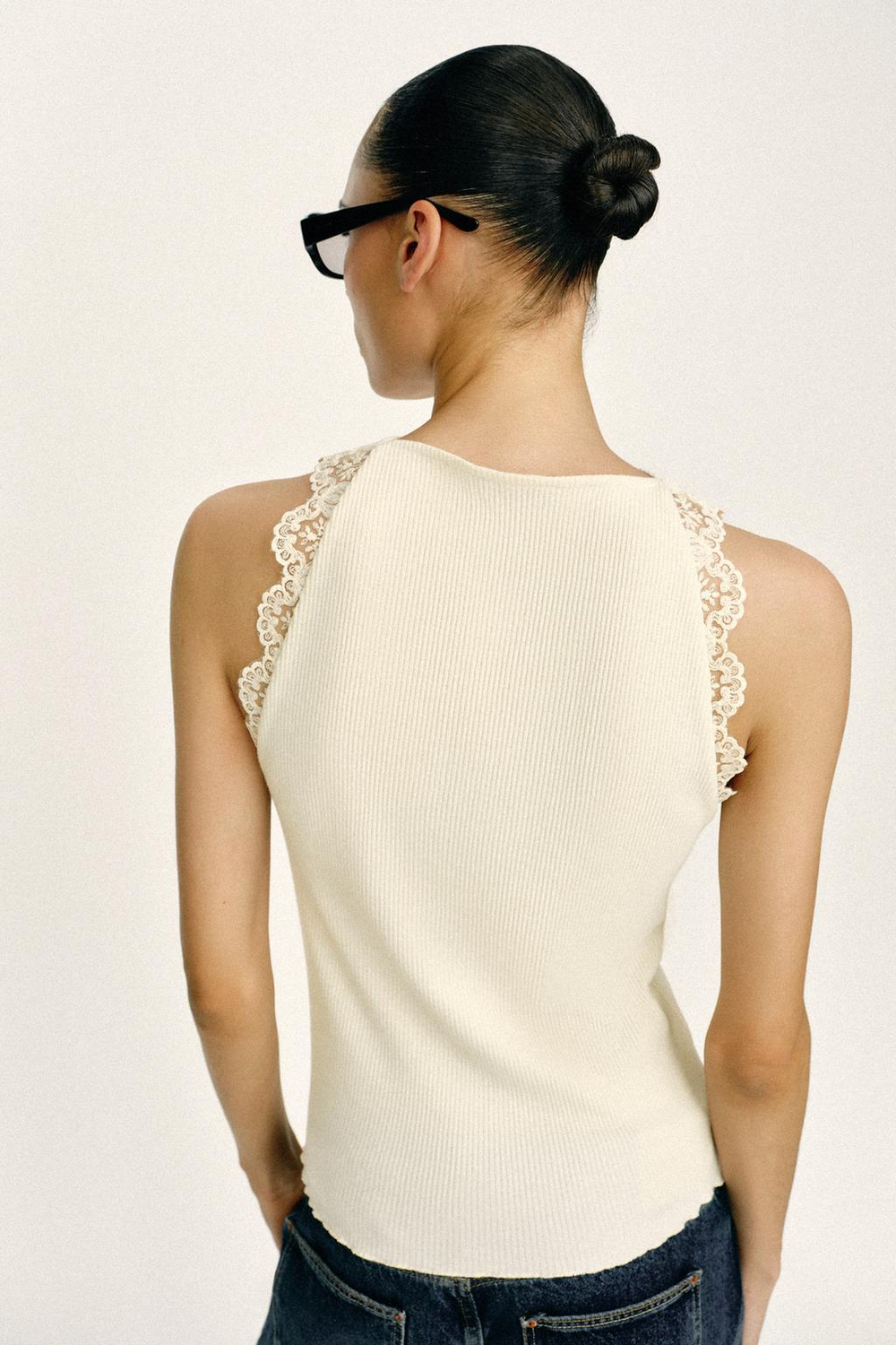 ZARA ТОП В РУБЧИК С КРУЖЕВОМ, ЭКРЮ