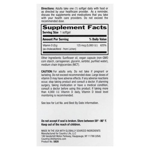Country Life, Сертифицированный веганский витамин D3, 125 мкг (5000 МЕ), 30 веганских мягких таблеток