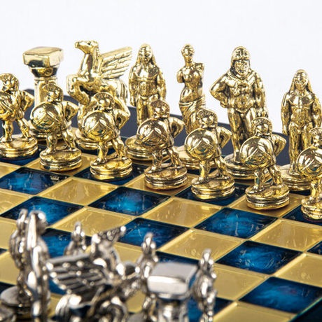 Шахматы 28х28см Manopoulos Metal Chess Spartan Warrior воины Спарты синий золото с серебром