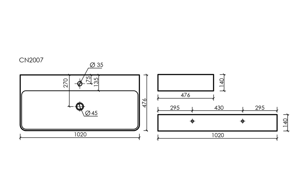 Умывальник AURA с 1 отверстием для смесителя, без перелива 1000x470x135мм
