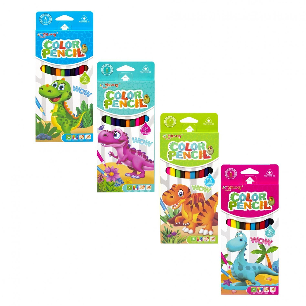 Карандаши цветные Yalong 12 цв., "Динозаврики" пластиковые, заточенные, трехгранные, грифель 3.0 мм, картон. уп., европодвес